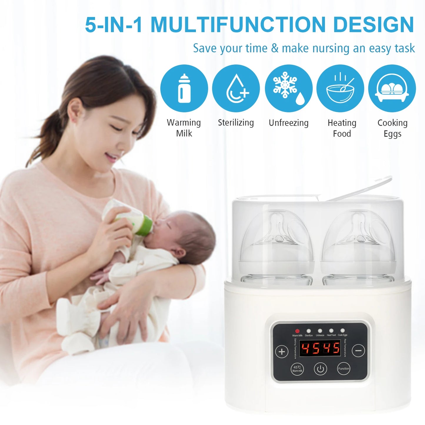 Babyflaschenwärmer, 5-in-1, digitaler Babynahrungswärmer mit Timer, Digitalanzeige, Doppelflaschen-Dampfsterilisator, Auftauwärmer