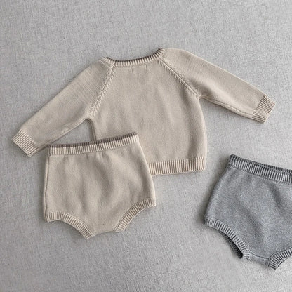 Korean Style Newborn Baby Boys Girls Clothing Set Long Sleeve Solid Color Knitted Pullover+Shorts Autumn Spring Clothes Suit