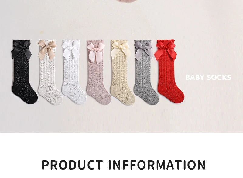 Cute Girls Knee High Socks Bows Cotton Breathable Soft Children Socks Hollow Out Non-slip Newborn Infant Long Mesh Socks 0-3Yrs