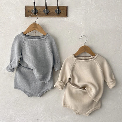 Korean Style Newborn Baby Boys Girls Clothing Set Long Sleeve Solid Color Knitted Pullover+Shorts Autumn Spring Clothes Suit