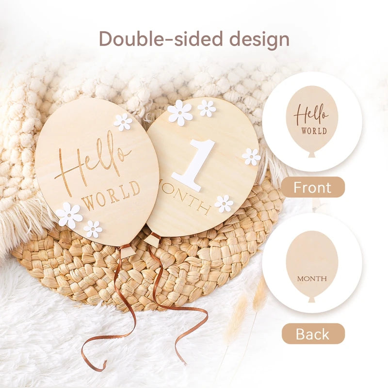 2Pcs Baby Wooden Balloon Milestone Cards - Photography Accessories for Newborns