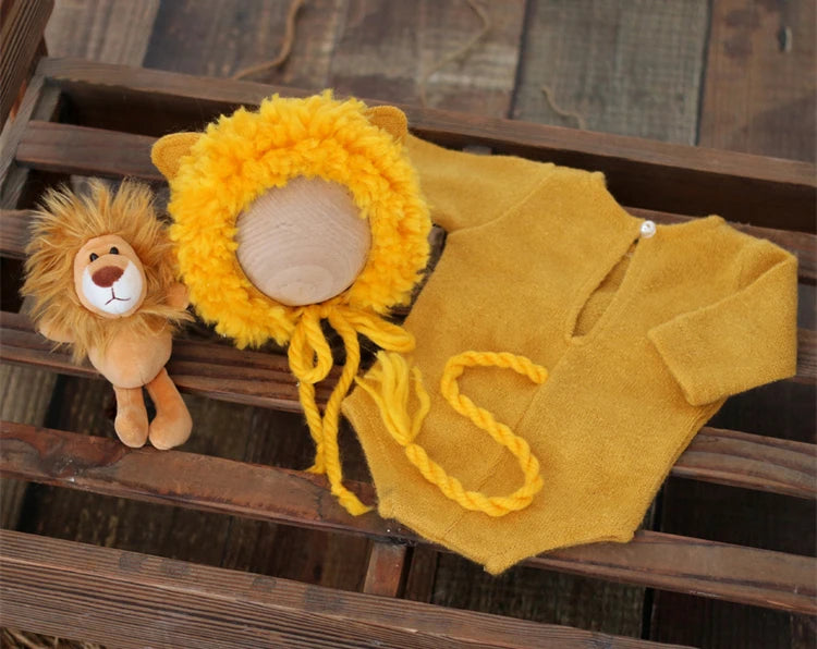 Newborn Photography Animal Costume Lion Doll Plush Hat Romper Tail 4pcs Outfits Boys Girls Infant Photo Shoot Prop Clothing