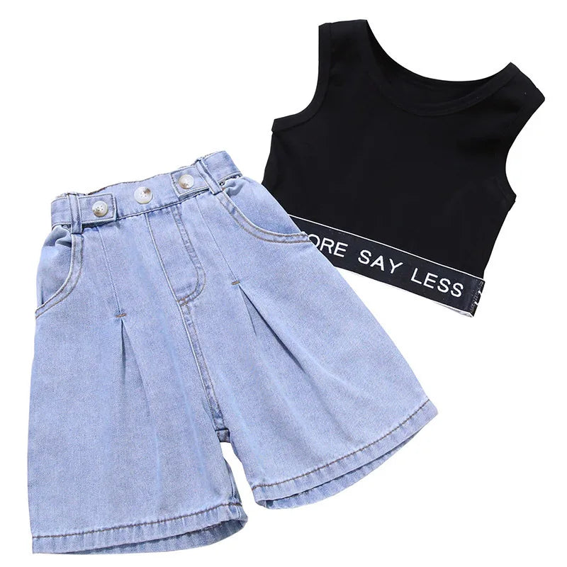 2023 Summer Girls' Clothing Set  Jazz Letter Tape Vest Tops+Jeans Pants Two-piece Set for Baby Girls