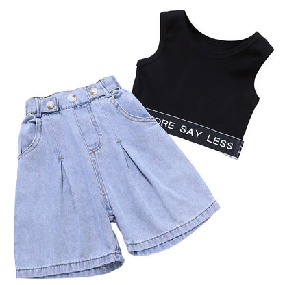 2023 Sommer Mädchen Kleidung Set Jazz Brief Band Weste Tops + Jeans Hosen Zwei-stück Set für Baby Mädchen