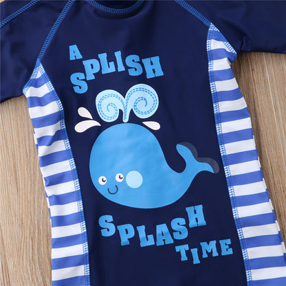 1-6years Baby Boys Long Sleeve Jumpsuit Swimsuit Cartoon Whale Printed Zip-Up Boys Romper Bathing Suit With Sun Hat