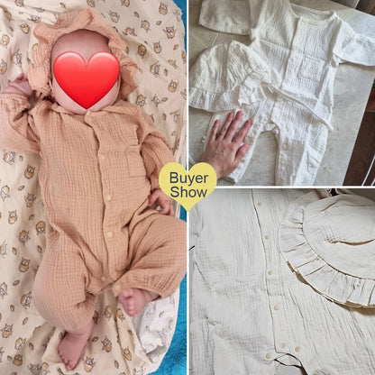 Musselin Baby-Overall Mütze Langarm Baumwolle Kleinkind Strampler für Jungen Mädchen Einfarbig Frühling Herbst Baby Kleidung Neugeborenen Onesie