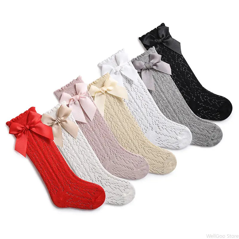 Cute Girls Knee High Socks Bows Cotton Breathable Soft Children Socks Hollow Out Non-slip Newborn Infant Long Mesh Socks 0-3Yrs