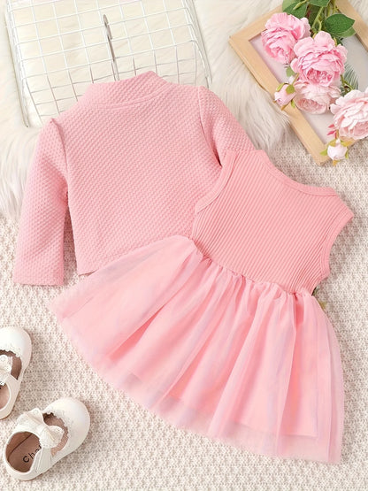 0-2 Year Old Spring and Autumn New Girl Baby Girl Waist Flower Design Tank Top Spliced Mesh Dressjacket