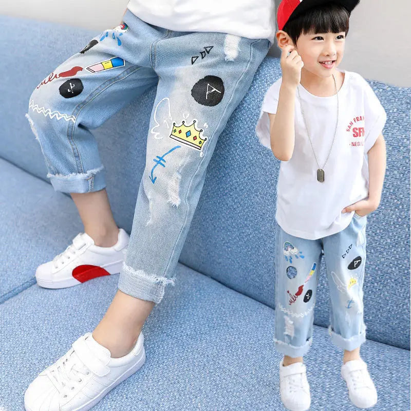 Boys' Jeans Spring and Autumn New Funny Head Medium and Big Children's Casual Children's Clothing Spring Loose Long Pants