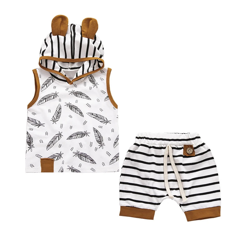 hibobi 2-teiliger Baby-Boby-Anzug mit Federn, ärmelloses T-Shirt mit Kapuze und gestreiften Shorts, lässiger ärmelloser Baby-Jungen-Anzug für 0-12 Monate