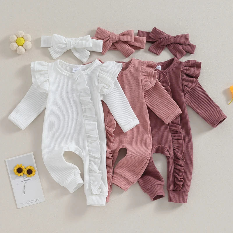 Newborn Infant Girls Solid Color Waffles Jumpsuits Baby Long Sleeve Ruffle Zipper Romper with Headband Sets Lace Baby Clothes