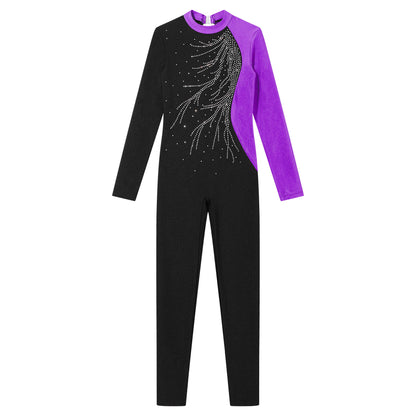 Kids Girls Long Sleeve Shiny Rhinestone Color Block Leotards Dance Gymnastic Jumpsuit for Yoga Unitards Biketards Sports Workout