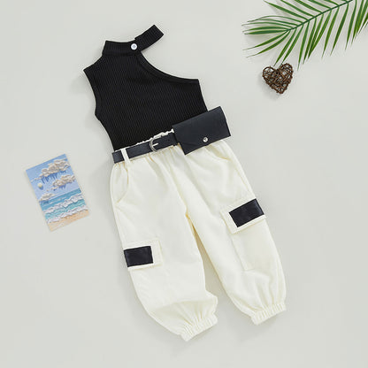 Kinder Baby Mädchen 3-teiliges Sommer-Outfit, ärmellos, hoher Halsausschnitt, gerippte Weste, Tops, lange Cargohose mit Gürteltasche, Kinder-Set