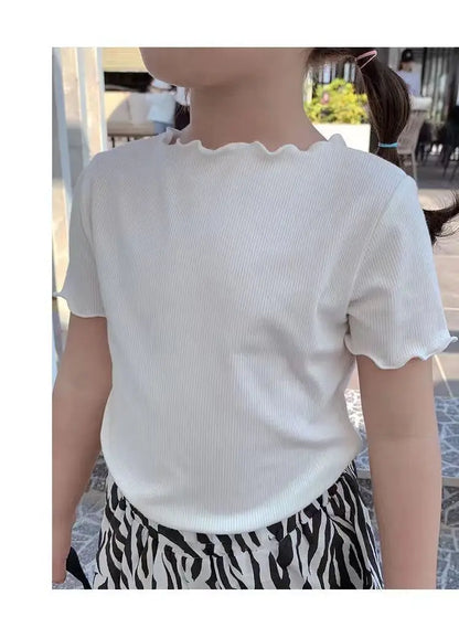 Baby Girls Short Sleeved T-Shirt 2024 Summer Kids Top Tees Baby Solid Color Shirts 1 To 8 Yrs Children's Clothing Korean Style