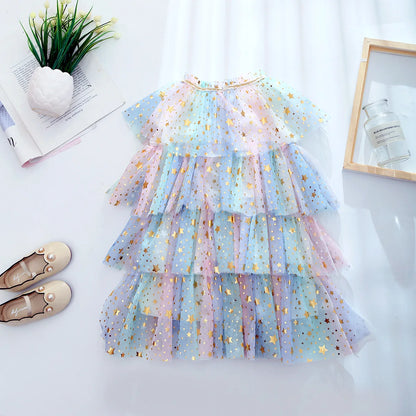 2023 sommer Neue Mädchen Party Kleid Regenbogen Pailletten Geburtstag Prinzessin Kostüm Für Kinder Baby Urlaub Strand Bade Mesh Kuchen Kleidung