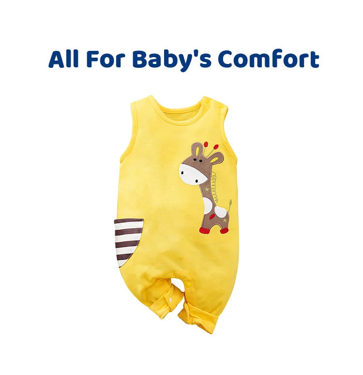 Neugeborene Kleidung Niedliche Cartoon-Giraffe-Stickerei Bequemer und weicher Sommer Jungen und Mädchen 0-18 Ärmelloser Baby-Overall