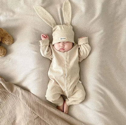 Baby-Jumpsuit für Herbst, einreihig, lang, für Jungen und Mädchen, farbig, aus Baumwolle, Strampler + Mütze mit Hasenohren, gepunkteter gerippter Strampler mit Streifen