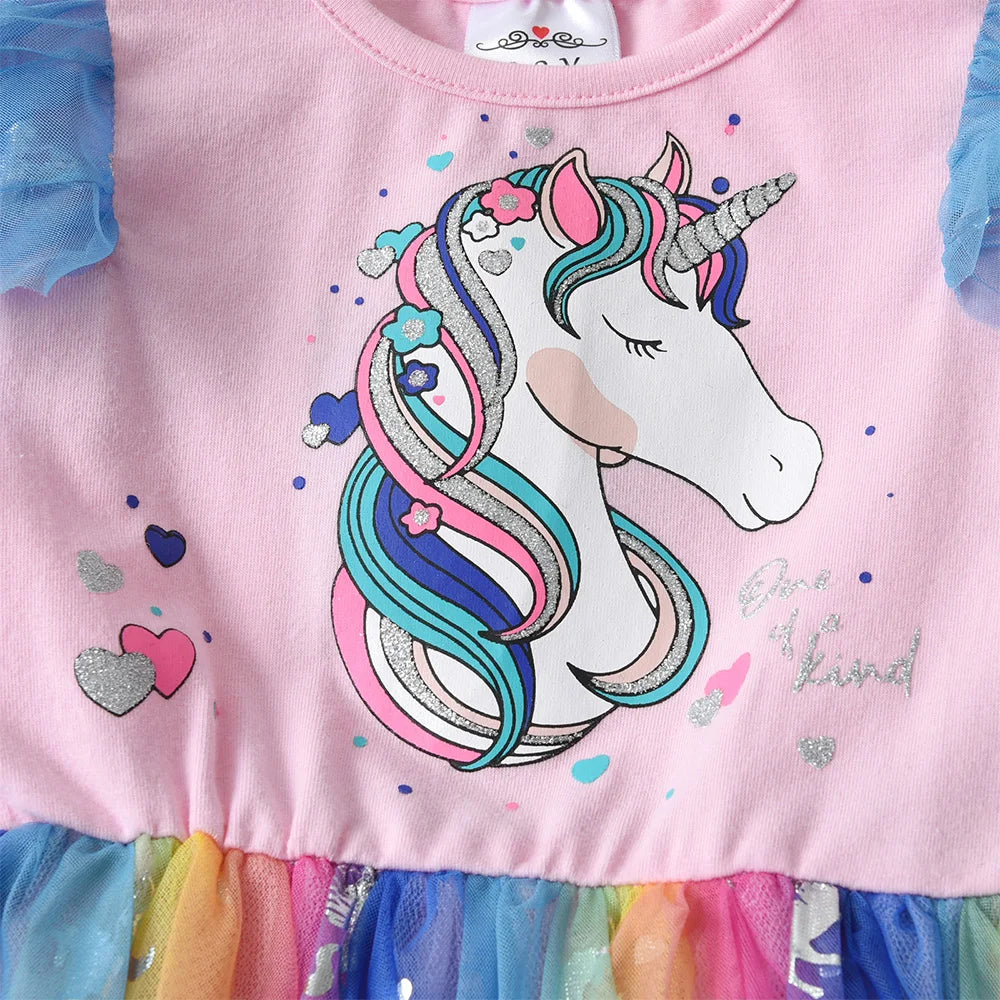 VIKITA Girls Unicorn Cartoon Print Dress Kids Flare Sleeve Summer Dresses Girl Colorful Mesh Tulle Birthday Party Princess Dress