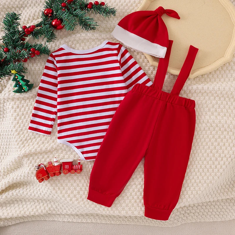 Baby Weihnachtskleidung Junge Mädchen Bärendruck Langarm Strampler Gestreifte Hosenträgerhose Mütze Neugeborenes Weihnachtskleidungsset