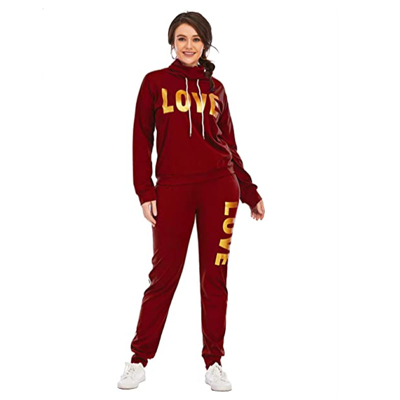 2 Piece Women’s LOVE Letter Print Tracksuit - High Neck Hoodie and Sweatpants Set