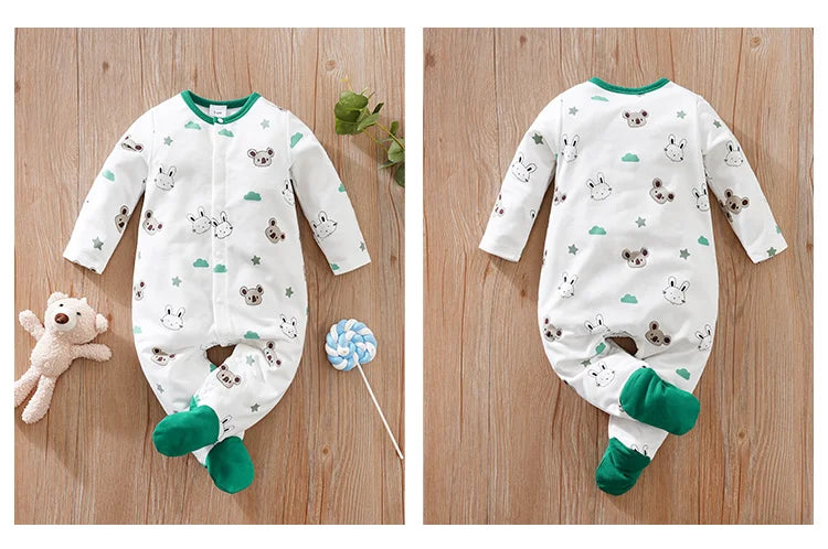 Spring And Autumn Boys And Girls Cute Cartoon Rabbit And Koala Printed Long Sleeve Wrapped Foot Bodysuit