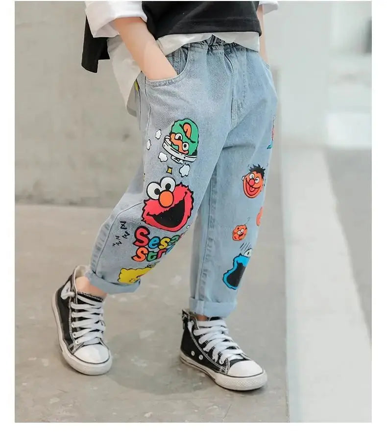 Boys' Jeans Spring and Autumn New Funny Head Medium and Big Children's Casual Children's Clothing Spring Loose Long Pants