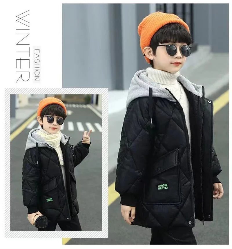 Winter Jungen Oberbekleidung Verdicken Warme Mäntel Kinder Plus Samt Jacken Mit Kapuze Trends Mantel 2023 Teens Casual Winddichte Parkas