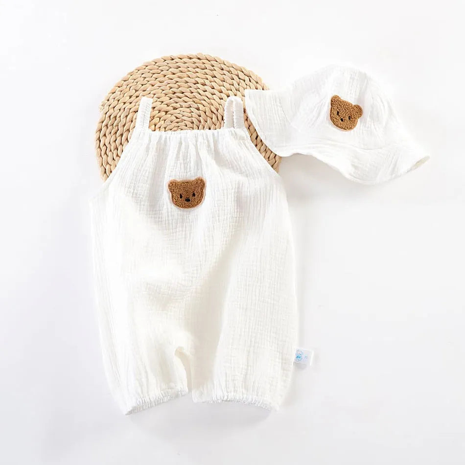 Baby-Overall für Neugeborene, Sommer, lässiger Einteiler für Jungen und Mädchen, Bären-Schlafanzug, Säuglingsgeburtstag, Musselin, Einteiler, weiß, beige, Strampler mit Mütze