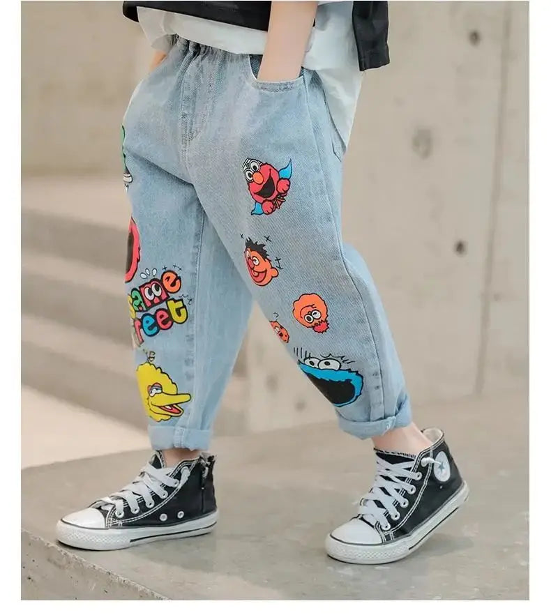 Boys' Jeans Spring and Autumn New Funny Head Medium and Big Children's Casual Children's Clothing Spring Loose Long Pants