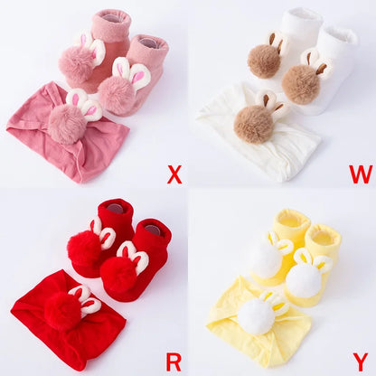 2Pcs Set Baby Socks and Headband - Cute Plush Ball Newborn Short Socks and Hairband Photo Props