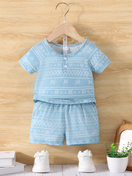 Summer Baby Boy Casual Geometric Print with Rotator Sleeve Short Sleeve Top + Comfortable Cool Shorts Two Pieces