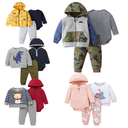 Frühling Herbst Baumwolle Baby Jungen Kleidung Sets Cartoon Gedruckt Baby Mantel + Baby Hosen + Baby Bodys Mit Langen Ärmeln Mädchen Kleidung Sets