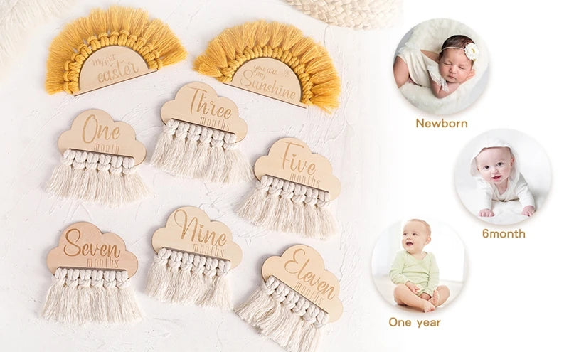 Baby Milestone Cards Wooden Tassel Milestone Monthly Commemorativenir Newborn Photography Accessories Props Infant Grow up Gifts