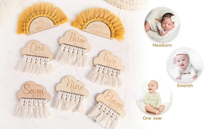 Baby Milestone Cards Wooden Tassel Milestone Monthly Commemorativenir Newborn Photography Accessories Props Infant Grow up Gifts