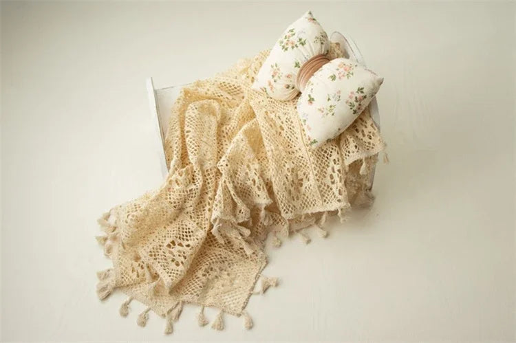 Newborn Photography Props Photography Mat Cotton Lace Blanket Fotografia Baby Photo Shoot Wrap Backdrop Beige Tassel Blanket