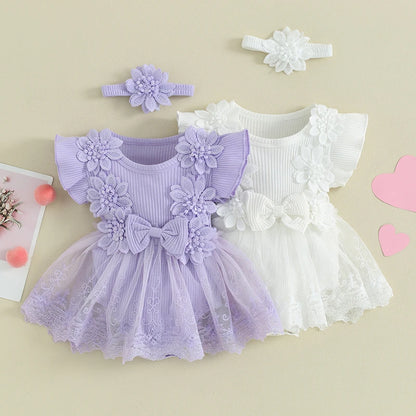 Newborn Baby Girls Rompers Dress Mesh Baby Girl Clothes Lace Patchwork Ruffle Jumpsuits 2pc Outfits Sunsuit Baby Clothing