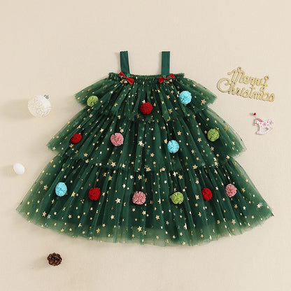 FOCUSNORM 1-6Y Little Girls Christmas Dress Strap Sleeveless Star Print Lace Layered Tulle Sundress with Plush Ball Hat