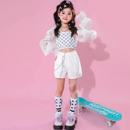 Kpop Mädchen Kleidung Jazz Dance Kostüm Weiß Leistung Anzug Hip Hop Modern Dance Outfit Kinder Bühne Tragen Mode Kleidung