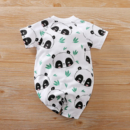 Neugeborenen-Kleidung, niedlicher Cartoon-Panda-Druck, Baumwolle, bequem und weich, Sommer, Jungen und Mädchen 0–18, kurzärmeliger Baby-Overall