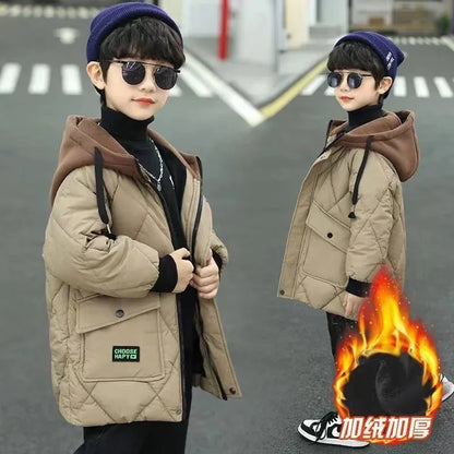 Winter Boys Outerwear Thicken Warm Coats Kids Plus Velvet Jackets Hooded Trends Overcoat 2023 Teens Casual Windproof Parkas