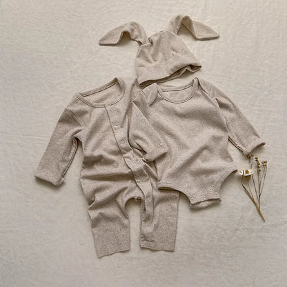 Baby Autumn Single Breasted Long Jumpsuit Baby Boys Girls Colored Cotton Romper+Rabbit Ear Hat Dotted Ribbed Pit Stripe Romper