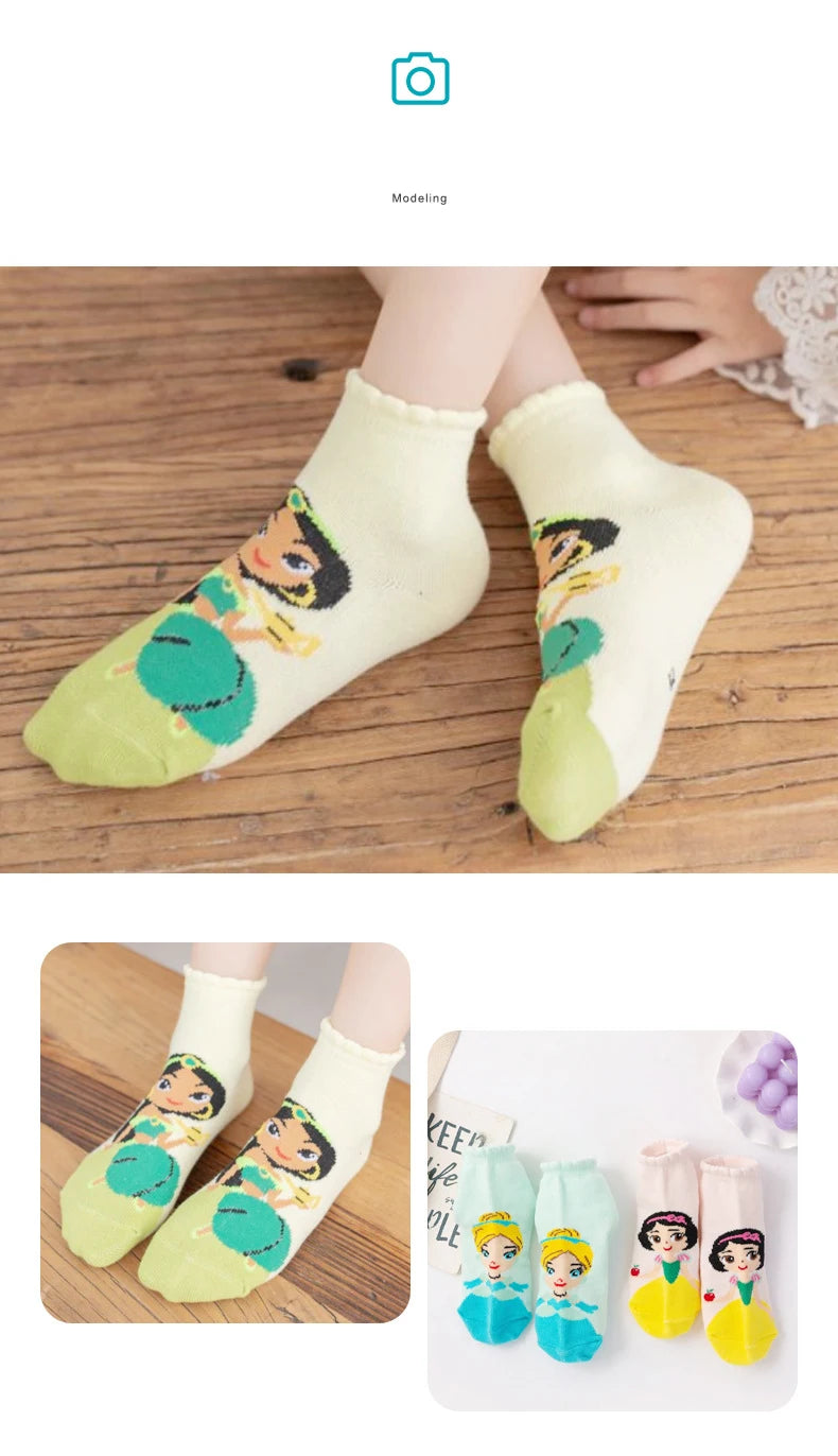 5 Paar Disney Cartoon Baby Mädchen Socken Schneewittchen Meerjungfrau Socken für Kinder Baumwollsocken Lustige süße Prinzessinnensocken 1-12 Jahre