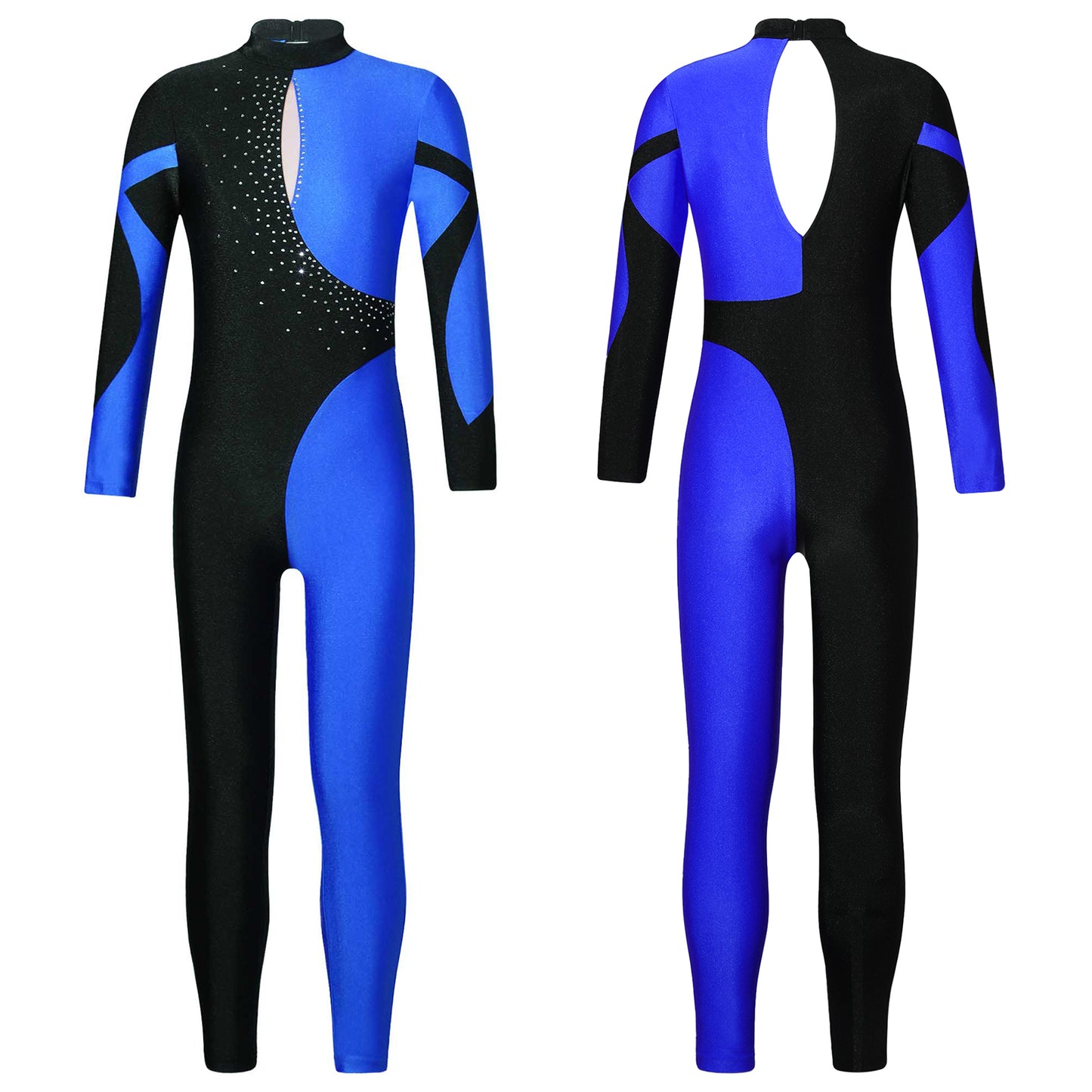 Kids Girls Long Sleeve Shiny Rhinestone Color Block Leotards Dance Gymnastic Jumpsuit for Yoga Unitards Biketards Sports Workout