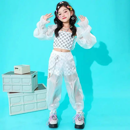 Kpop Mädchen Kleidung Jazz Dance Kostüm Weiß Leistung Anzug Hip Hop Modern Dance Outfit Kinder Bühne Tragen Mode Kleidung