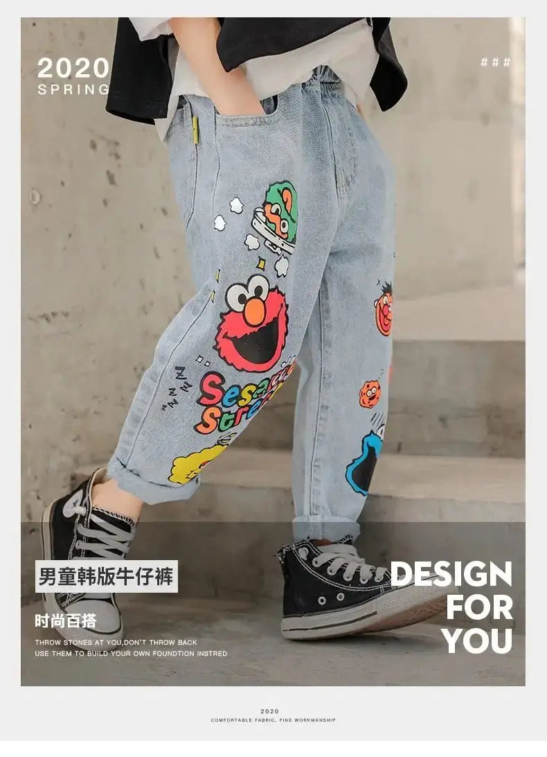 Boys' Jeans Spring and Autumn New Funny Head Medium and Big Children's Casual Children's Clothing Spring Loose Long Pants