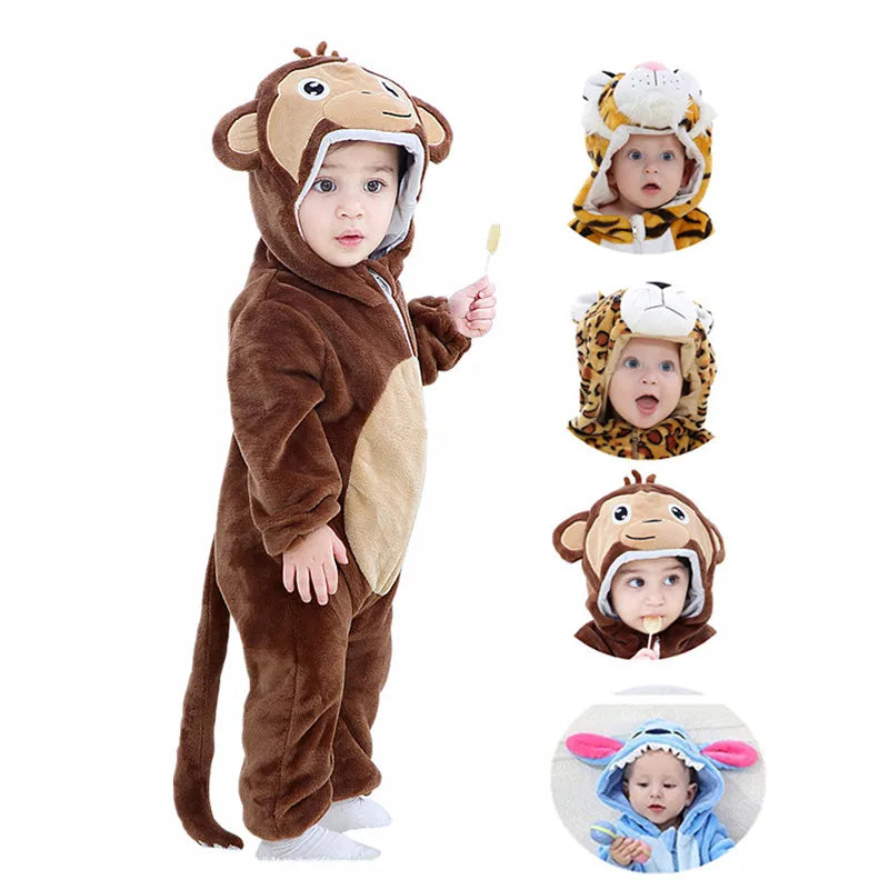 Baby Monkey Animal Bodysuit Unisex Baby Tiger Costume Winter Autumn Fleece Hooded Bodysuit Cosplay Bodysuit Hooded Crawling Suit