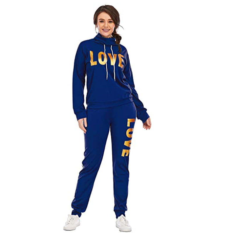 2 Piece Women’s LOVE Letter Print Tracksuit - High Neck Hoodie and Sweatpants Set