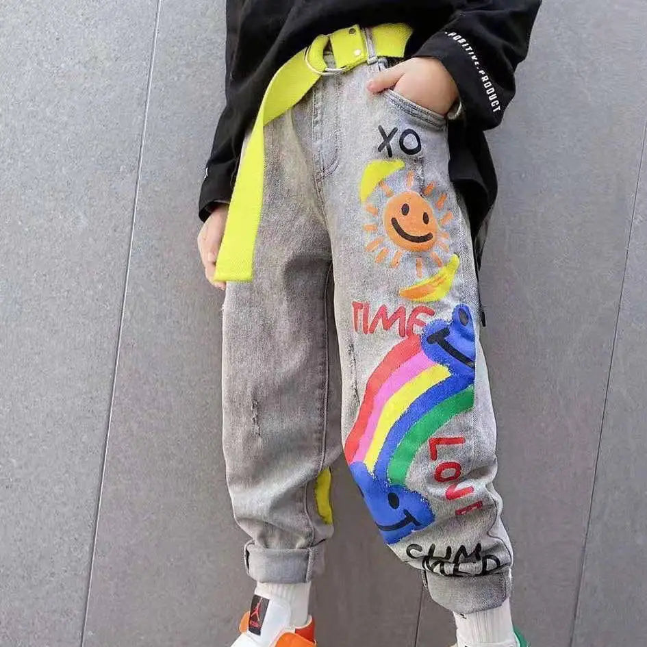 Boys' Jeans Spring and Autumn New Funny Head Medium and Big Children's Casual Children's Clothing Spring Loose Long Pants