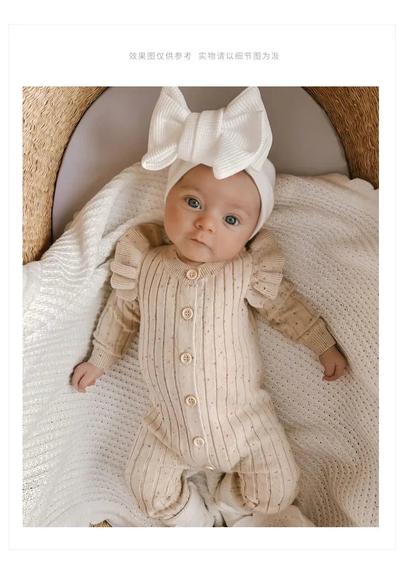 Baby Sweater Jumpsuit Knitted Ruffled Button Up Long Sleeve Solid Baby Rompers Toddlers Girls Outfit Newborn Baby Clothes