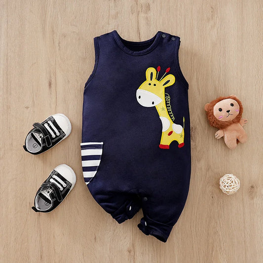 Neugeborene Kleidung Niedliche Cartoon-Giraffe-Stickerei Bequemer und weicher Sommer Jungen und Mädchen 0-18 Ärmelloser Baby-Overall